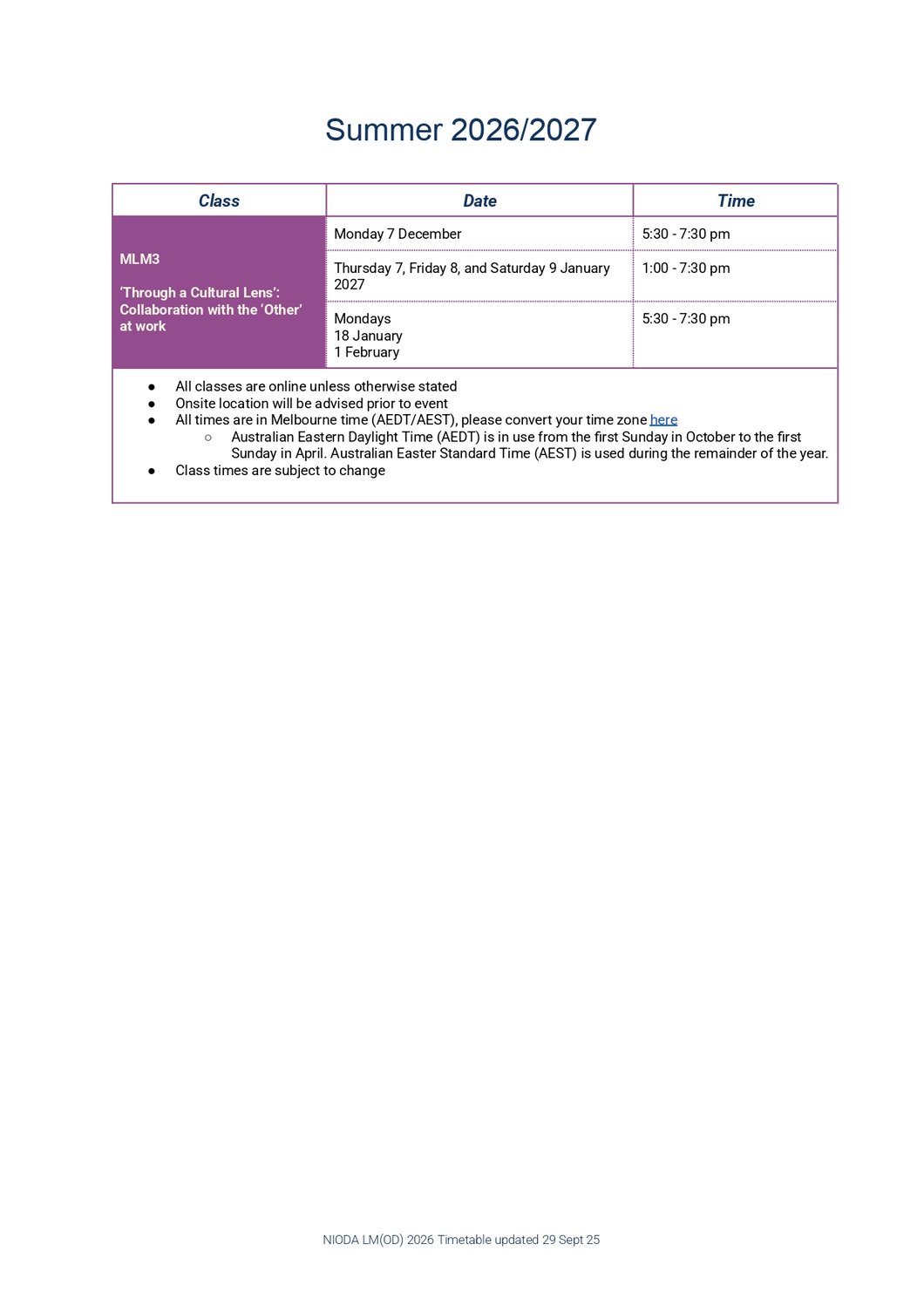 Timetable Summer